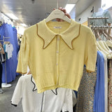 Summer Women Knitted Short Sleeve Patchwork Polo Collar Cropped T-shirts Girls Large Elastic Slim Tshirt Tees Crop Tops-Outfit