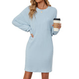 New Round Collar Solid Color Pocket Loose Long-Sleeved Dress Women-Outfit