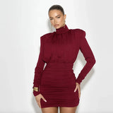 Turtleneck Long Sleeve Puff Pleated Mini Dress-Outfit