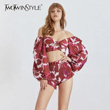 Sexy Print Beach Women Suit Square Neck Lantern Sleeve Hollow Out Crop Tops High Waist Shorts Two Piece Set