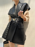 Fongt 2024 New Fashion Retro Handsome Lapel Belt Waist Show Thin Pu Vest Long Folded Vest-Outfit