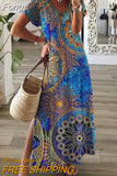 Short Sleeve Holiday Dress For Women Vintage Print V Neck Maxi Party Dress Elegant Ladies Loose Long Retro Dress