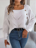 Fongt 2025 Casual Square Collar Button Solid Color Hollow Lantern Sleeve Sweater Temu Women's Clothing