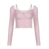 Fongt Soft And Sweet Pink Lace Long-Sleeved T-Shirt Slim Knit Chest Crop Top-Outfit