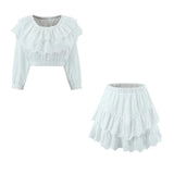 Fongt Spring Fashion New Elegant Lace Lotus Side Shoulder Shirt + Folded Skirt Suit