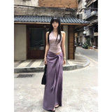 Fongt Sexy Pure Lusty Purple V-Neck Hanging Neck Sling Vest With Hip Skirt Two-Piece Suit Girl Summer Thin