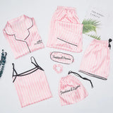 Spring 7 Pieces Set Silk Elegant Women Pajamas stripe Shorts Long Sleeve Tops Elastic Waist Pants Full Lounge