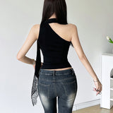 Fongt Summer Women's Lace Ribbon Stitching Hollow Out Asymmetrical Slim Small Vest-Outfit