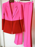 QUALITY Newest 2023 Star Style Fashion Designer Runway Suit Set Women's Single Button Color Block Blazer Flare Pants