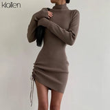 Autumn New Sweater Dress Women Long Sleeve Turtleneck Knit Solid Slim Drawstring Bodycon Dress Thicken Warm