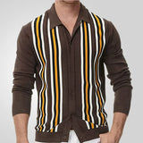 Fongt Men's Men's Spring Thin Knits Business Casual Long Sleeve Striped Polo