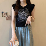 Heavy Industry Embroidered Sleeveless Shoulder T-Shirt Women 2025 Summer New Ins Knitted Vest