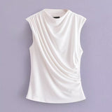 Spring Pleated Sleeveless Blouse With Round Collar 2728636-Outfit