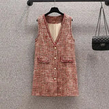 Vintage Fragrance Suits Autumn Red Long Sleeve Bow Collar Blouse And Tweed Vest Dresses Two Pieces Sets
