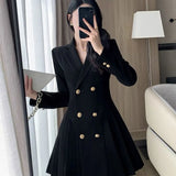 Clothing Tailored Collar Mini Dress Commute 2023 Spring Autumn Double Breasted Basic Solid Color Stylish Pleated Dresses-Outfit