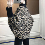 Women's Clothing Batwing Sleeve Leopard Sweaters Autumn Winter New Thick Half High Collar Spliced Loose Knitted Jumpers Female-Outfit
