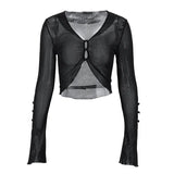 Fongt Sexy See-Through Mesh Cardigan Jacket Women's V-Neck Breasted Horn Long Sleeve T-Shirt Women-Outfit