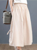 Pants Elastic Waist Large Drawstring Pocket Women's Summer Breeches Middle Waist Casual Solid Color Wide Leg Cropped