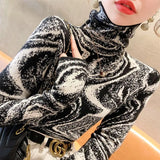 Women's Clothing Vintage Printed Pullovers Casual Turtleneck Autumn Winter Commute Long Sleeve All-match Slim Knitted T-shirt-Outfit