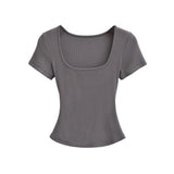 Trend Spice Girls Basic Style Large U-Neck Straight Shoulder Short-Sleeved T-Shirt Slim And Elastic Blouse-Outfit