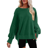 Fongt Women's Clothing 2025 Autumn And Winter New Women's Large Round-Neck Sweatshirt Side Open Fork Long-Sleeved Sweater