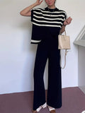 Fongt Casual High-Grade Striped Knitted Shoulder Clothes + Fashion Wide Leggings