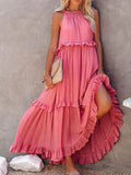 Fongt Summer New Holiday Wind Lotus Leaf Side Long Dress Swing Flowing Beach Dress Woman