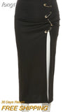 Punk Black Split Midi Skirts Women Aesthetic Skinny Ruched High Waist A-Line Party Long