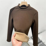 Half Turtleneck Tops Women Winter Plush Velvet Lined Warm T Shirt Long Sleeve Bottom Blusas Korean Slim Fleece