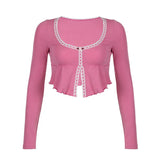 Fongt Pure Desire To Split Lace Girl Long Sleeve T Shirt Woman's Collar Solid Color Slim Slim Crop Top-Outfit