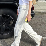 Fongt Style Digital Letter Print White Base Hoodies Low Waist Drawstring Loose Straight Leg Casual Pants-Outfit