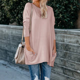 Wise Women's New Round Collar Long Sleeve Pocket T-Shirt Top-Outfit