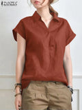 Summer Elegant Lapel Neck Solid Blouse Women Short Sleeve Solid Cotton Tops Casual Loose Blusas OL Work Shirt Oversize 703-1-Outfit