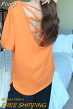 Sleeve T-shirts Women Solid Backless Chic Fashion Loose Leisure Oversize Sexy Cozy O-neck Tshirts Elegant Womens