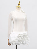 Fongt Summer New Dress Femininity Elegant Fashion Round-Neck Long-Sleeved Mesh Three-Dimensional Flower High-Waisted