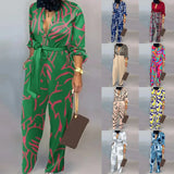 Fongt New Women's Loose Plus Size Print High Waist Casual Straight Jumpsuit