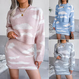 Fongt Wind Shooting Autumn And Winter White Cloud Knitted Sweater Hip Half Skirt Two-Piece Women's Clothing