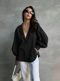 Sleeve Lady Shirt 2024 Summer Lazy Temperament Commuting Versatile Round Collar Lantern Sleeve Shirt-Outfit
