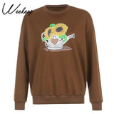 Embroidery Cute Casual Oversized Sweatshirt Autumn O Neck Streetwear Pullovers Brown Harajuku Top Long Tops Preppy