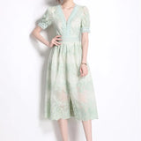 Fongt French Gentle Heavy Industry Embroidery V Zero Bubble Sleeve Dress Women's New Single Buckle Shed Skinny Dress