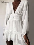 Sexy Summer Dresses For Women 2022 Plunge V Neck White Lace Long Sleeve Mini Wedding Party Dress Ruffle Elegant