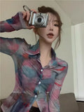 Gradient V-neck Shirt for Women Y2k E-Girl Slim Fit Mesh Blusas Mujer Summer Long Sleeve Sun Protection Blouses-Outfit