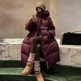 Korean Version Of Big Quilt Down Jacket Female Long Style 2024 Winter New Thickened Ribbon Hood Extremely Cold Warm Coat Plus Size-Outfit