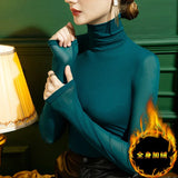Winter Mesh T Shirts Women's Solid Turtleneck Full Sleeve Slim Basic Tshirts Tees Female High Stretch Undershirts-Outfit