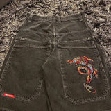 Y2k Denim Shorts Street Hip-Hop Retro Graphics Black Loose Gothic Men-Outfit