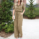 Elegant Rompers Women Jumpsuits Summer Wide Leg Overalls Drawstring Elastic Waist Short Sleeve Solid Dungarees