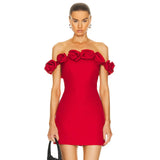 High-End Fashion Women's Red Shoulder Dress High Sense Short Elastic Repair Three-Dimensional Floral