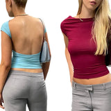 Fongt Out Back Top Tight Short Sleeve Navel Half High Collar Solid Color 2024 Summer Hot Girl Sexy Female T-Shirt-Outfit