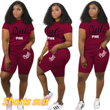 Summer Tracksuit Set Pink Letter Print Top + Biker Shorts Suits Bodycon Casual Two Piece Set Sport Outfits