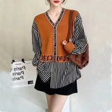 Striped Patchwork Letter Blouse Fake Two Pieces Spring Autumn Elegant V-Neck Single-breasted Female Clothing Loose Shirt-Outfit